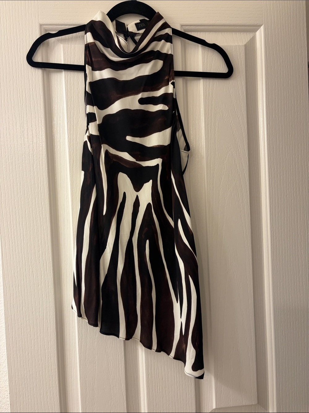 Zara Brown and White Zebra-Print Halter Camisole with Asymmetric Hem